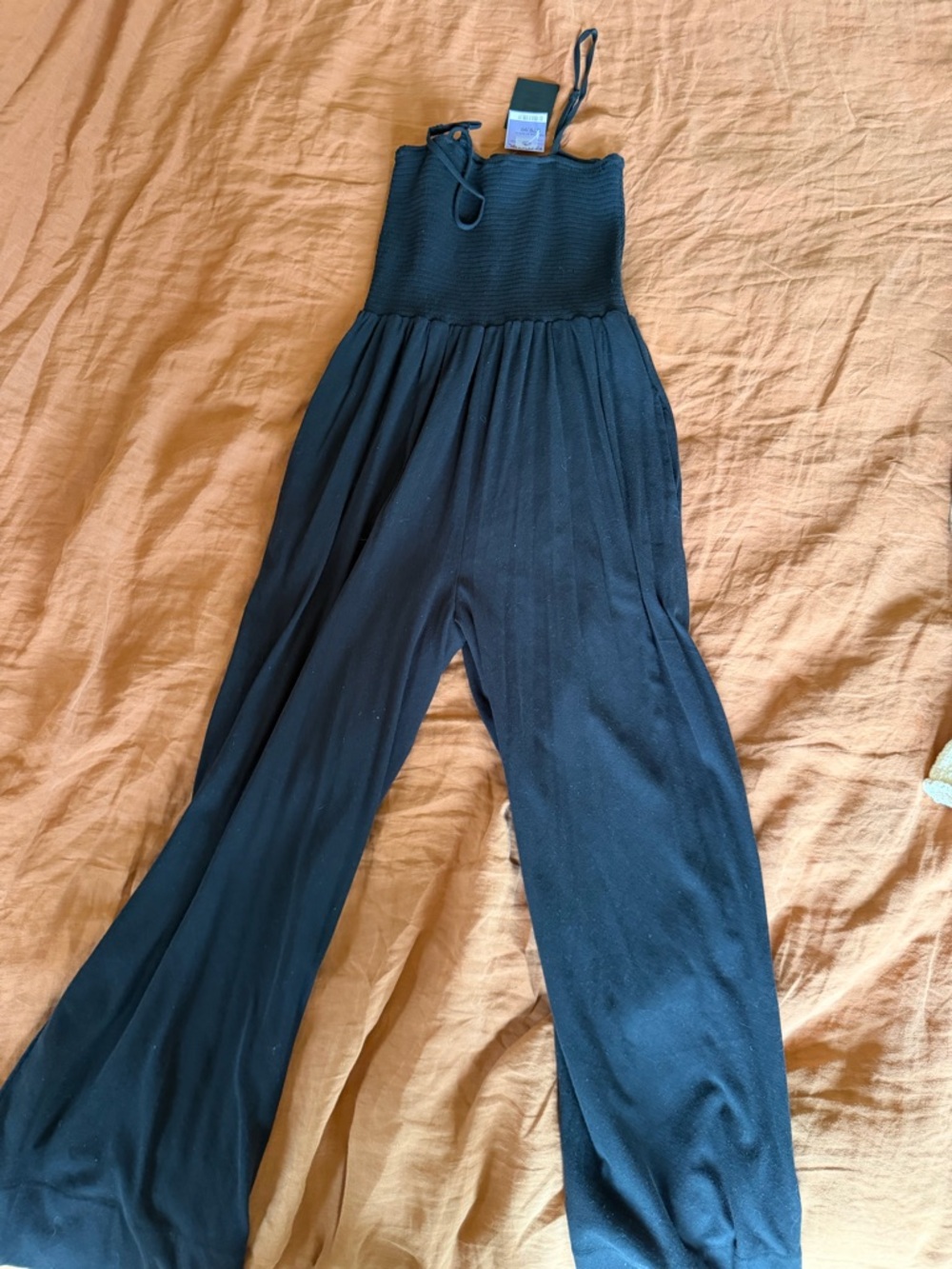 ATM Anthony Thomas Melillo Black Smocked Strapless Wide-Leg Jumpsuit